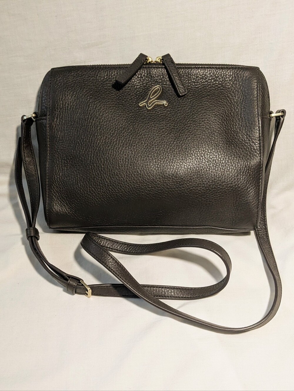 Agnes B. Dark Brown Grained-Leather Crossbody Bag With Gold Accent Logo